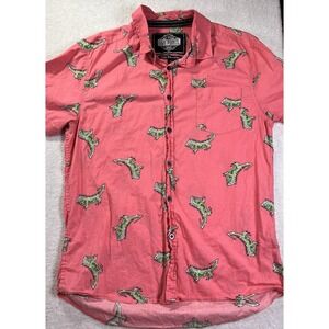 Five Points Industries Iguana Alligator Print Button Up Shirt Coral Pink